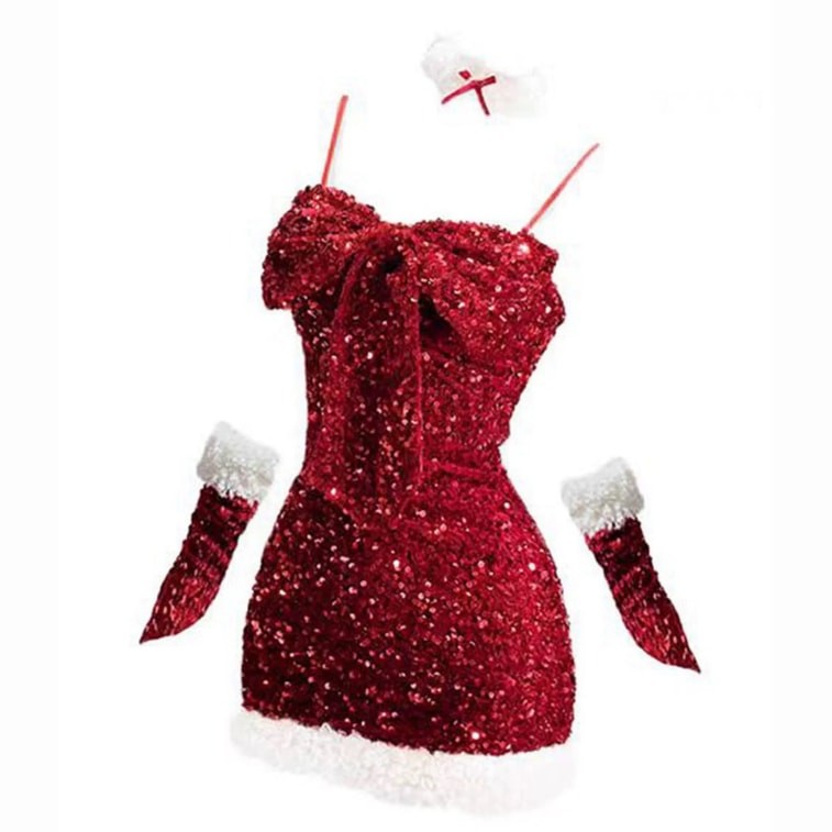 Bella’s Fantasy Women's Christmas Sexy Sequinns Lingerie Set Dress Sleepwear Sexy Nightgown Gift Set Red One Size M-L