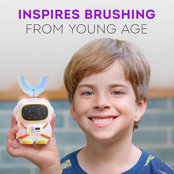 Sensory 360 Round U-Shaped Astronaut Design Mouthguard Electric Toothbrush for Kids Ages 2-7 - Automatic Memory Function - 5 Modes Toothbrush with Multiple Heads – Kids Travel Essentials (White)